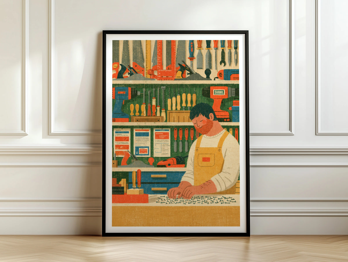 Retro Woodworker Workshop Poster, Craftsman Tools Wall Art Print, Vintage Workshop Decor