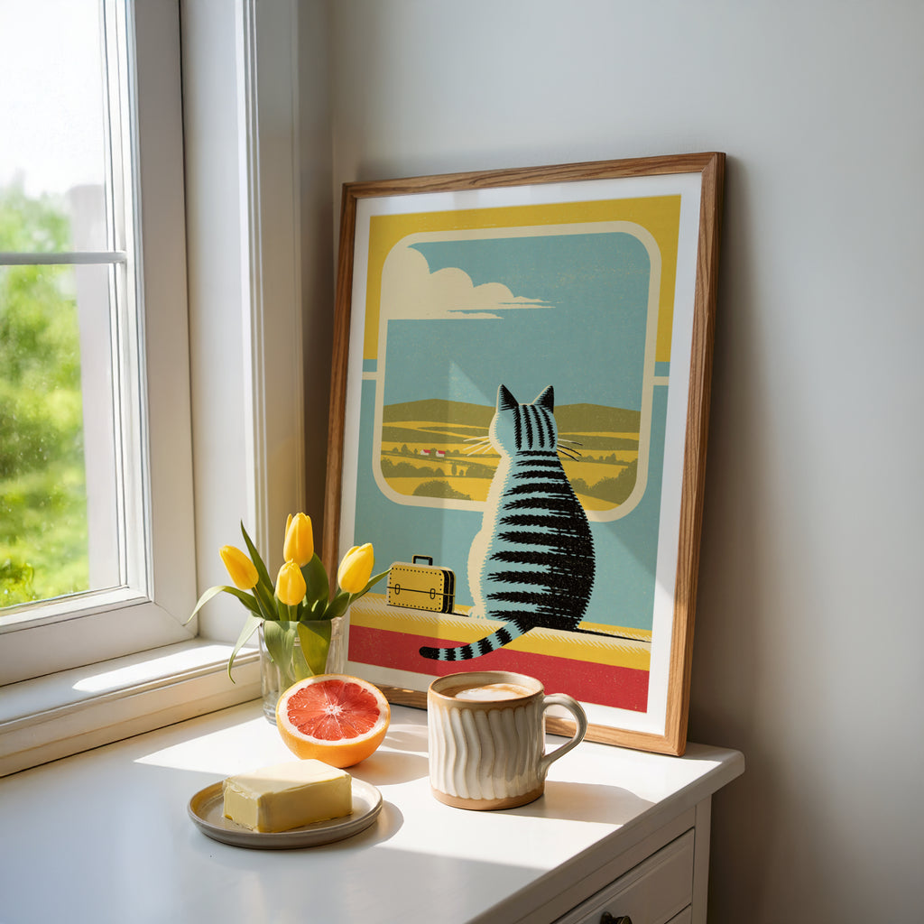 Retro Cat Train Travel Print, Tabby Cat Wall Art, Vintage Folk Style Animal Art, Cat Lover Gift