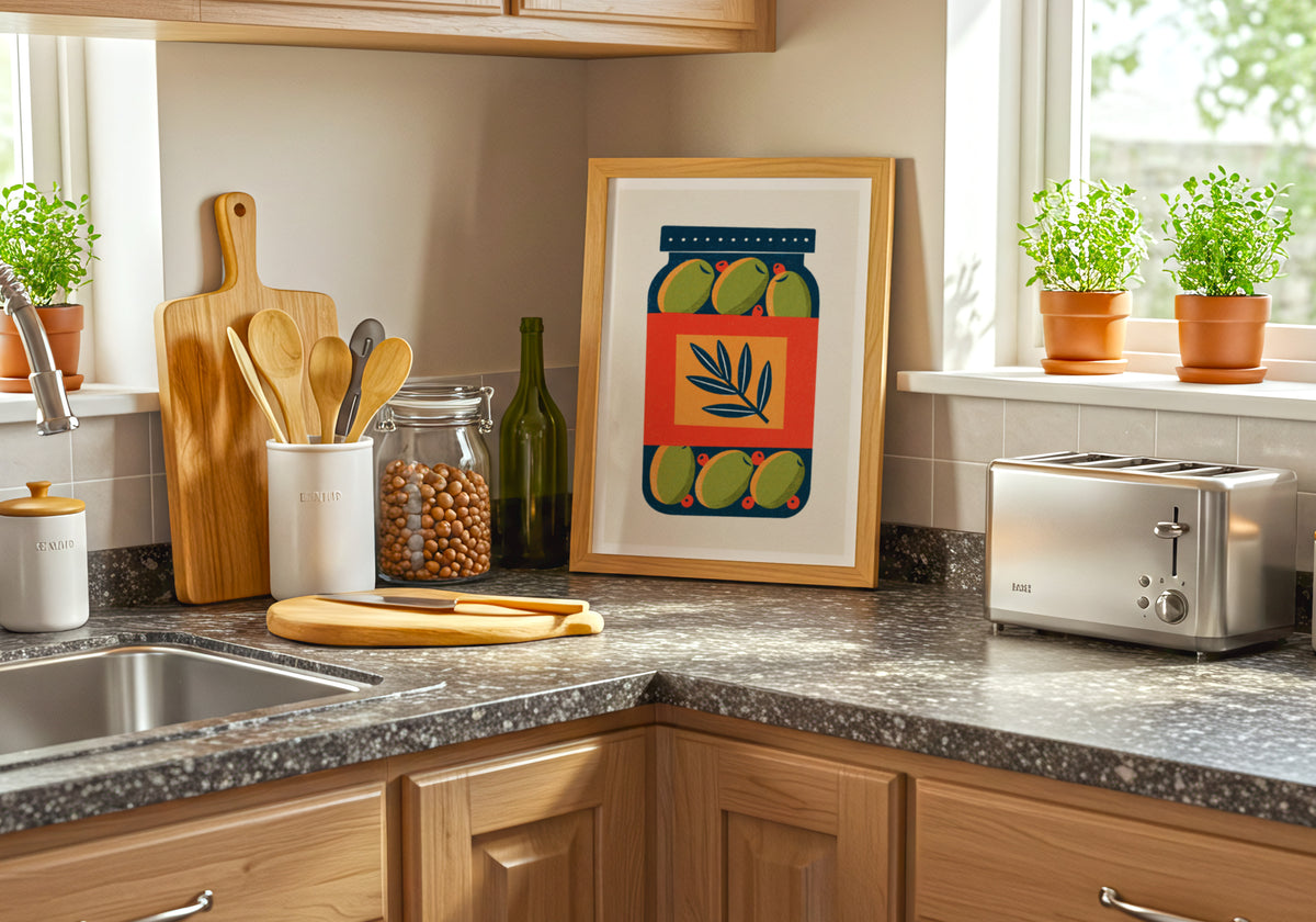 Olive Jar Print, Vintage Food Poster Print, Olive Jar Retro Mid Century Risograph, Rustic Kitchen Decor Wall Art