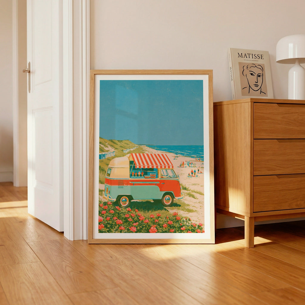 Retro Ice Cream Van Beach Poster, Vintage Camper Van Wall Art, Coastal Summer Print