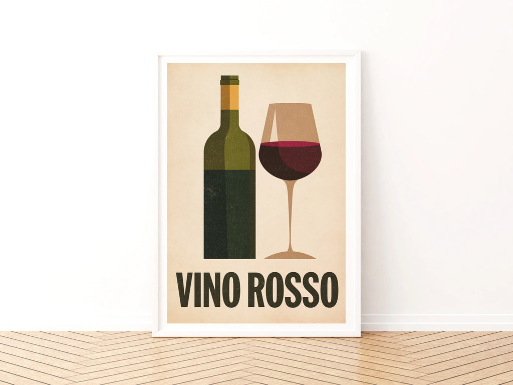 Vino Rosso Italian Wine Print | Rustic Kitchen Decor | Retro Mid Century Risograph Wine Art