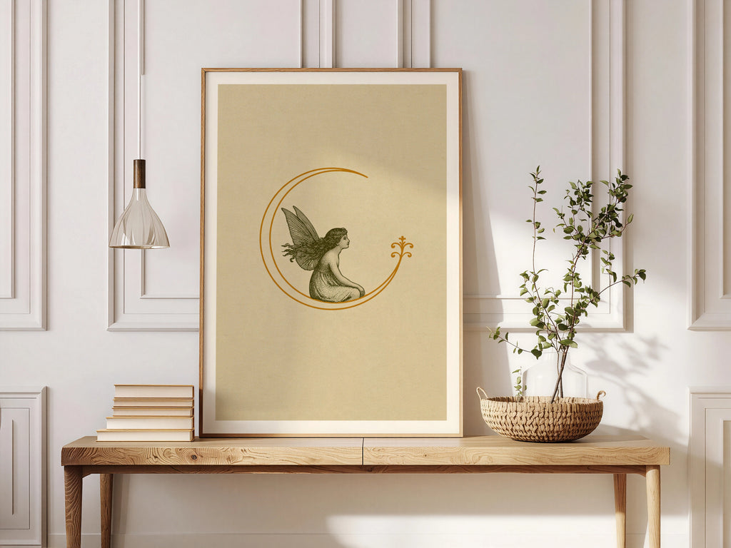 Vintage Fairy on Crescent Moon Art Print, Whimsical Fairycore Poster, Woodland Nature Wall Decor