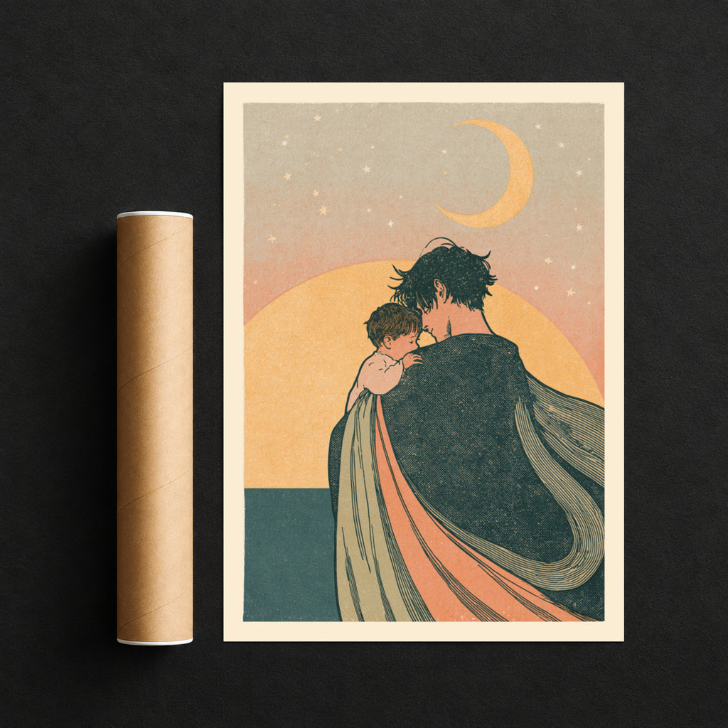 Father and Child Moon Wall Art, Crescent Moon Night Sky Print, Vintage Nursery Poster