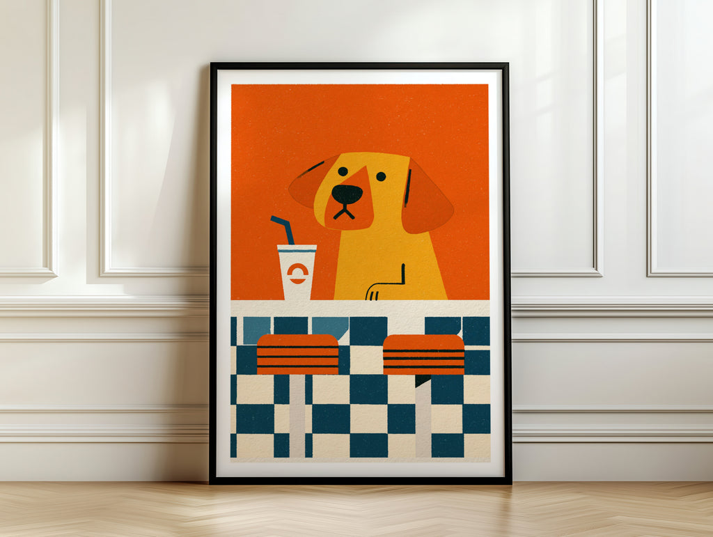 Retro Dog Diner Poster, Vintage Style Dog Wall Art, Funky Orange Animal Print for Kitchen