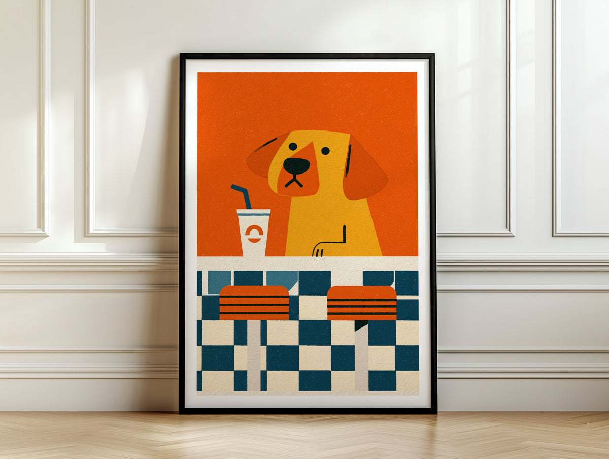 Retro Dog Diner Poster, Vintage Style Dog Wall Art, Funky Orange Animal Print for Kitchen