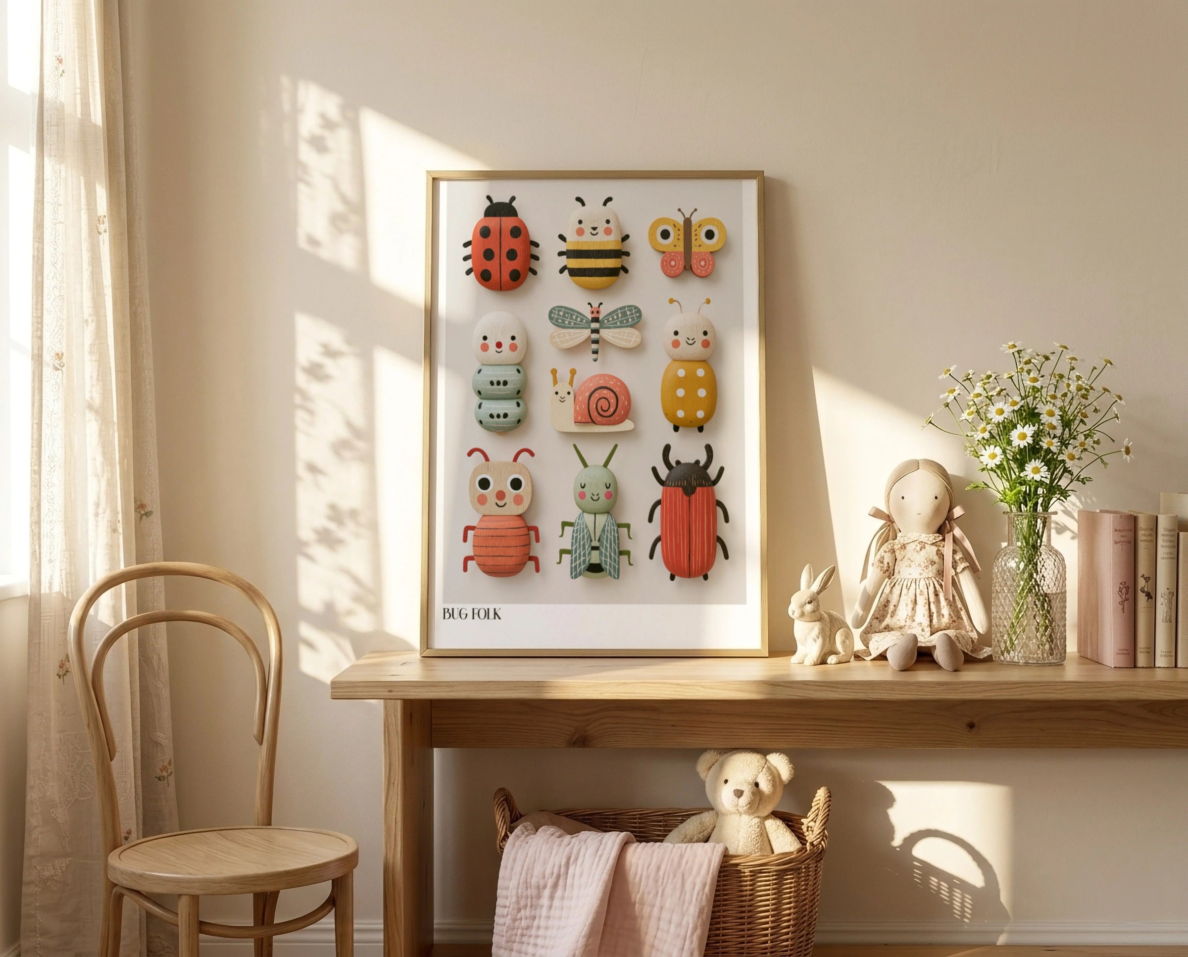 Bug Folk Kids Wall Art, Retro Wooden Toy Insect Print, Children's Collectable Poster