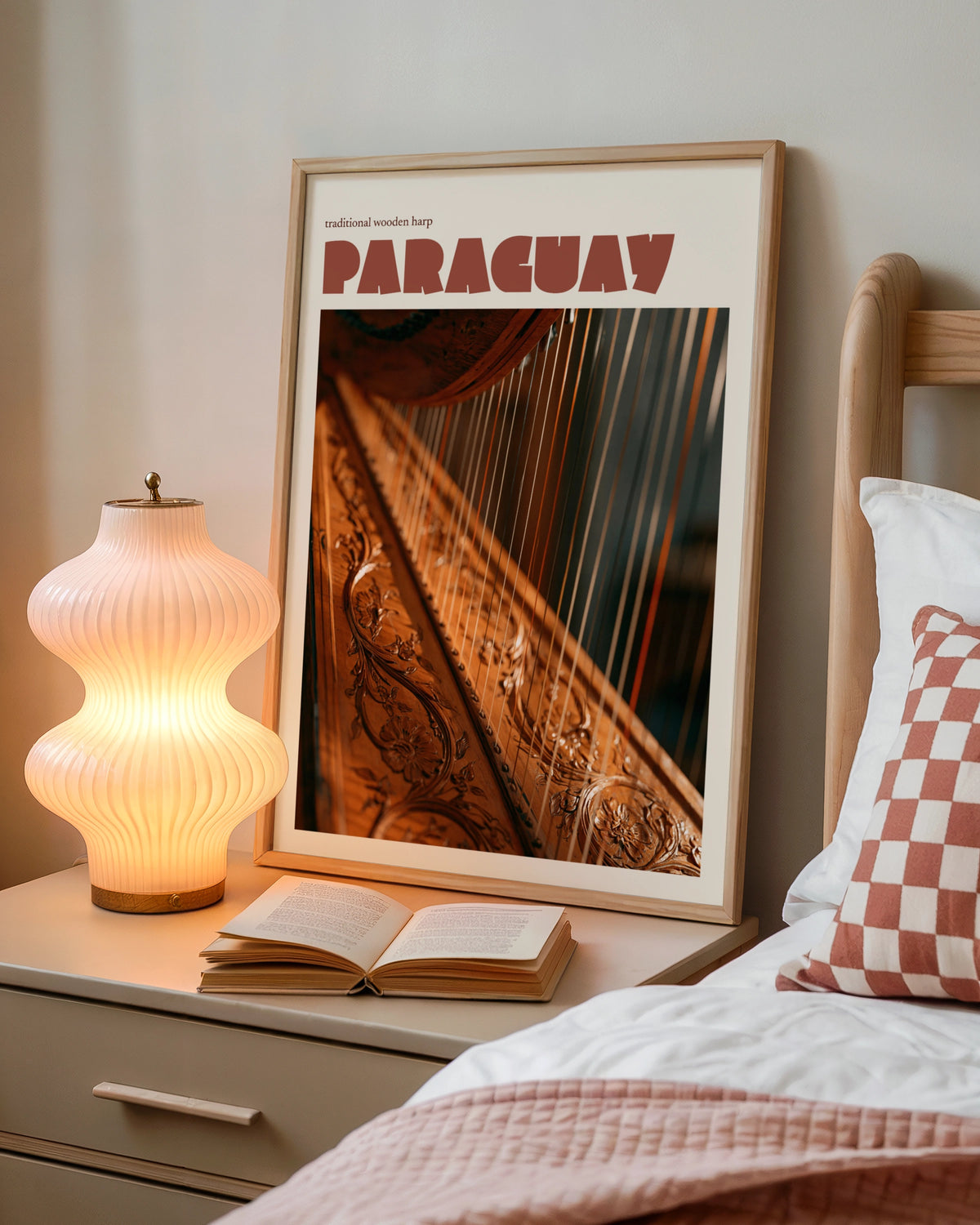 Paraguay Retro Travel Poster, Traditional Wooden Harp Print, South America Wall Art