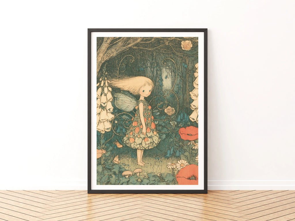 Victorian Fairy Garden Classic Inspired Print, Vintage Folk Art Poster, Woodland Fairy Wall Art