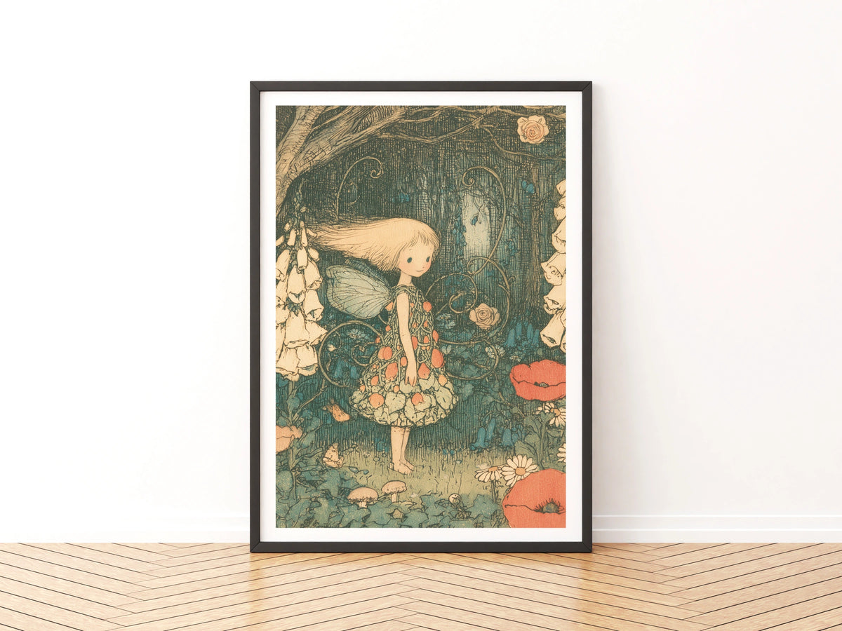 Victorian Fairy Garden Classic Inspired Print, Vintage Folk Art Poster, Woodland Fairy Wall Art