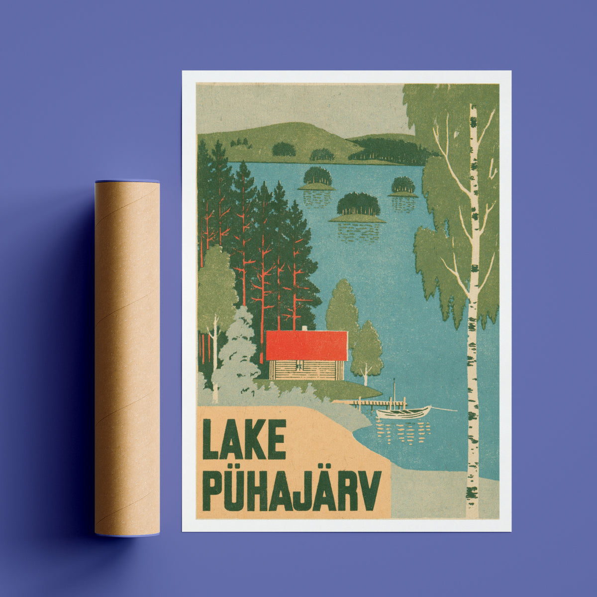 Retro Lake Puhajarv Estonia Print, Vintage Travel Poster, Birch Trees, Red Cabin Lakeside Wall Art