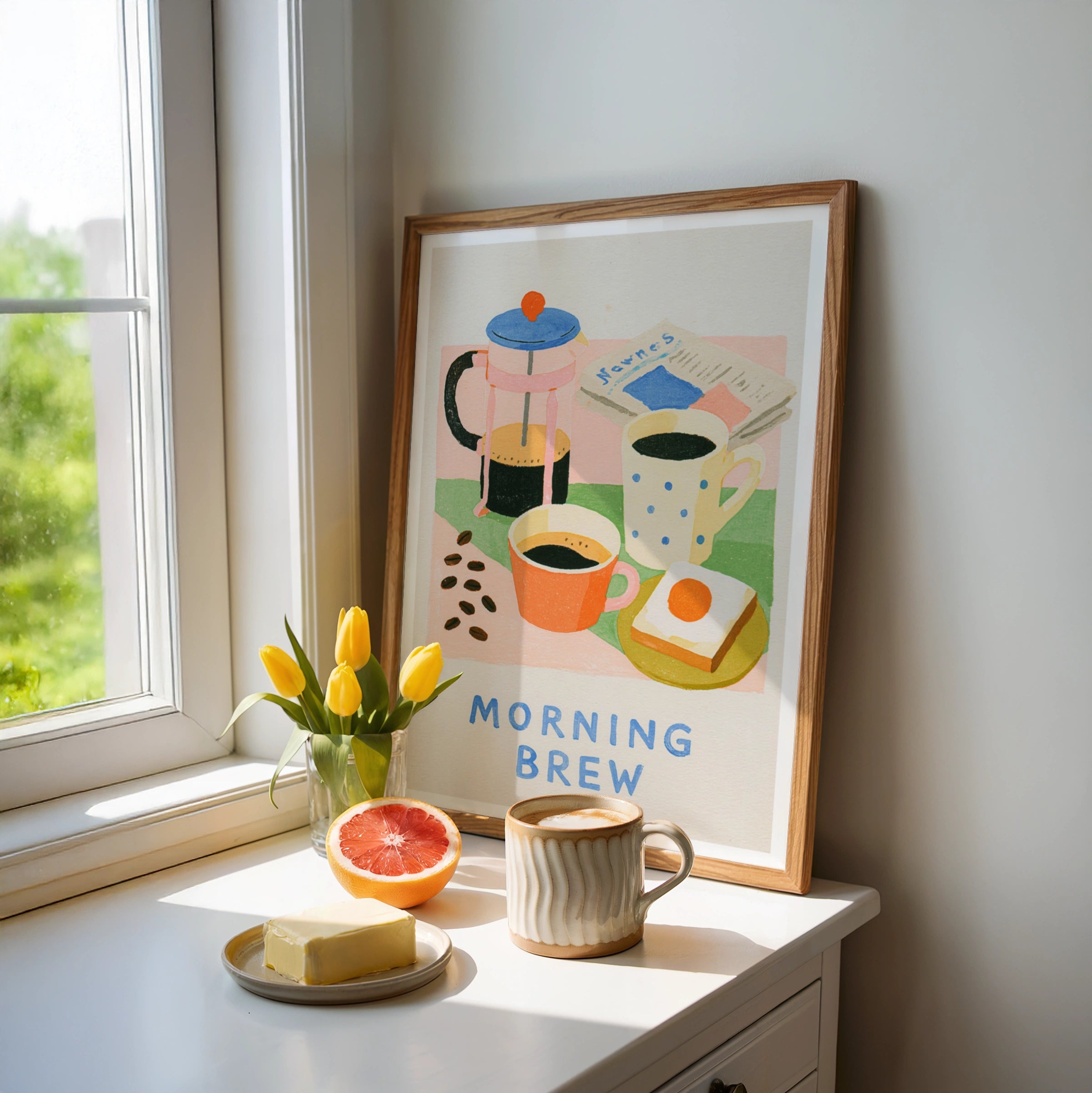 Morning Brew Vintage Food Poster Print | Rustic Kitchen Decor | Retro Mid Century Risograph Coffee