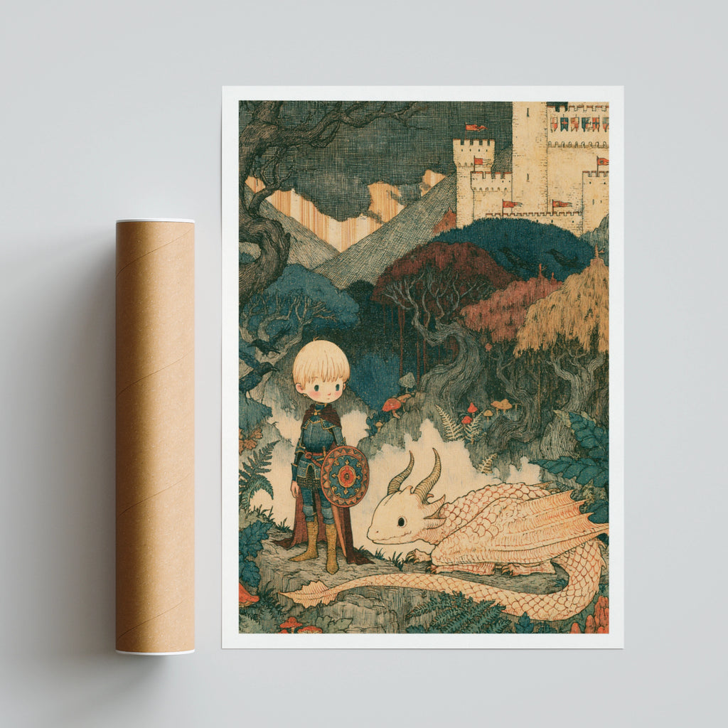 Retro Children's Print, Boy Knight Dragon Castle, Fantasy Kids Wall Art Poster