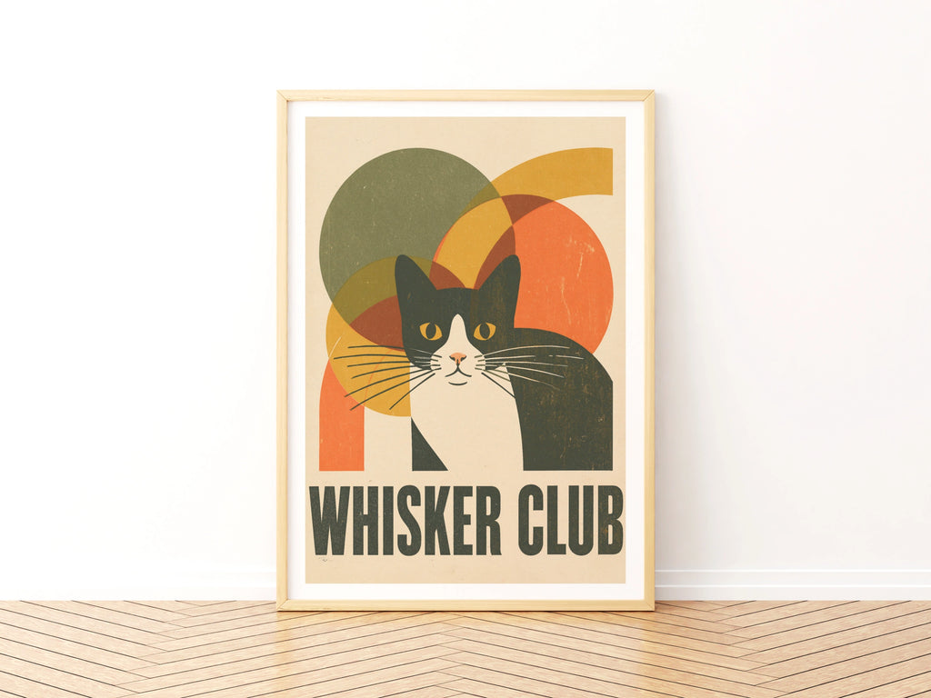 Whisker Club Retro Cat Print, Tuxedo Cat Wall Art, Mid Century Modern Cat Gift