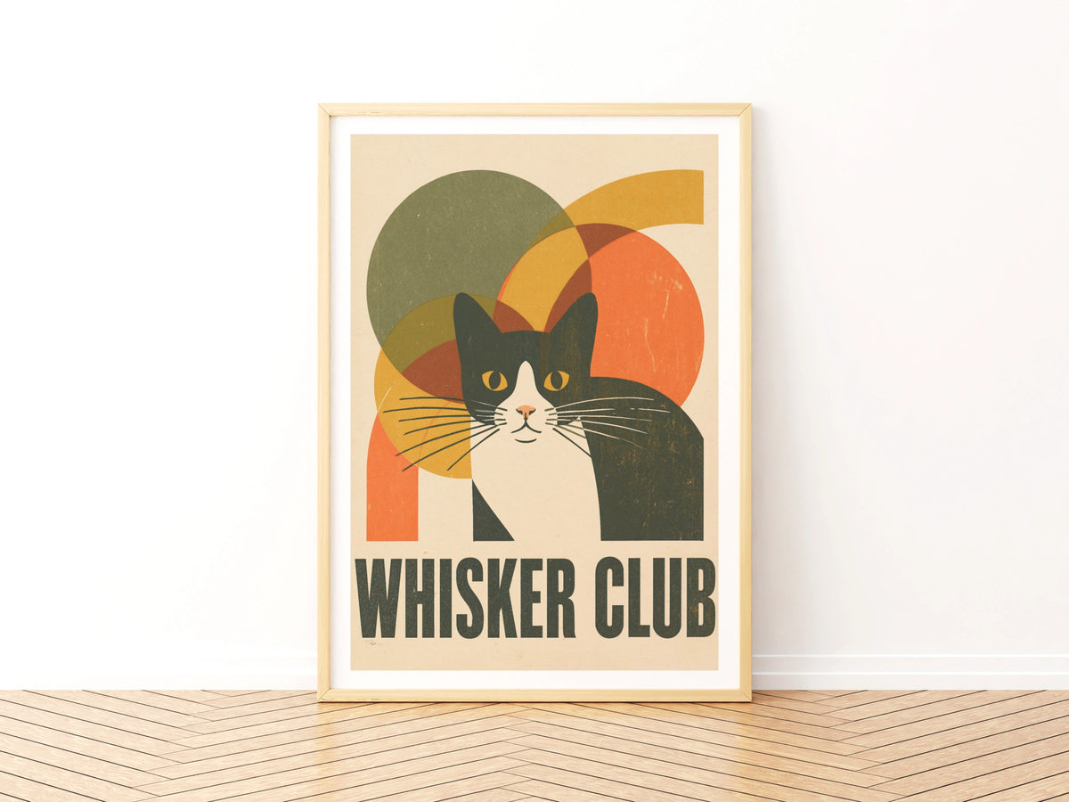 Whisker Club Retro Cat Print, Tuxedo Cat Wall Art, Mid Century Modern Cat Gift