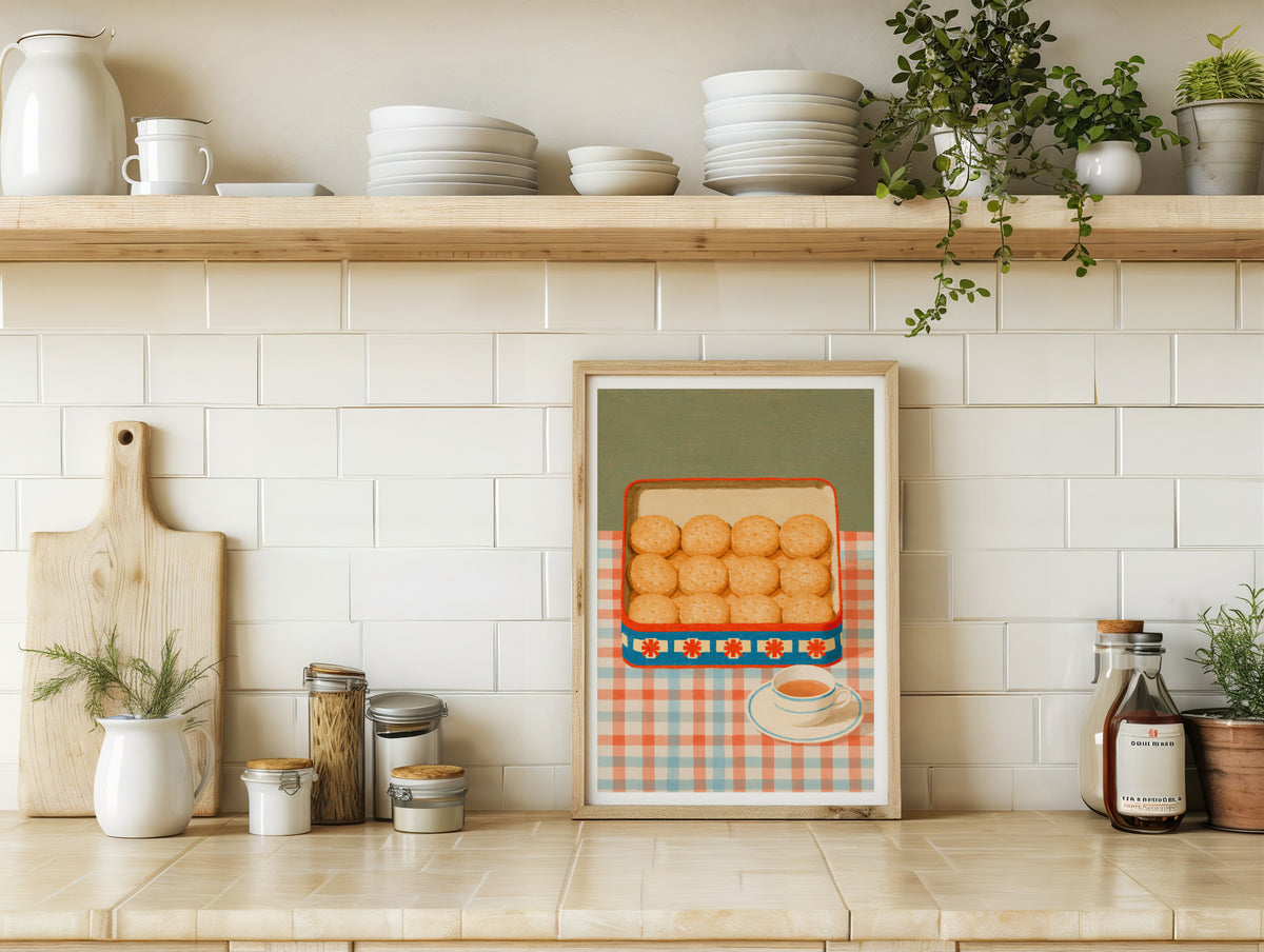 Vintage Food Poster Print, Biscuit Tin and Tea Cup, Rustic Kitchen Decor, Retro Mid Century
