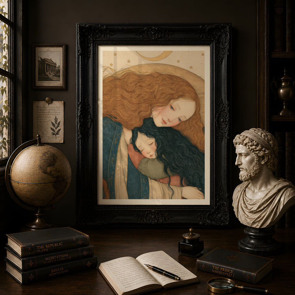 Mother and Child Art Print, Vintage Celestial Poster, Gold Crescent Moon and Stars, Nursery Wall