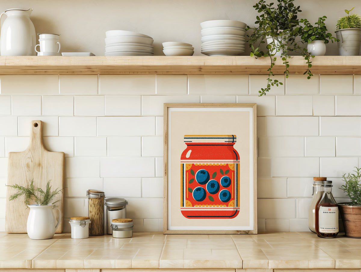 Vintage Food Poster Print | Rustic Kitchen Decor, Blueberry Jam Jar Art, Retro Pantry Wall Art