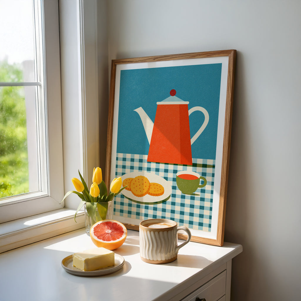 Vintage Food Poster Print, Tea and Biscuits, Rustic Kitchen Decor, Retro Mid Century Risograph Art
