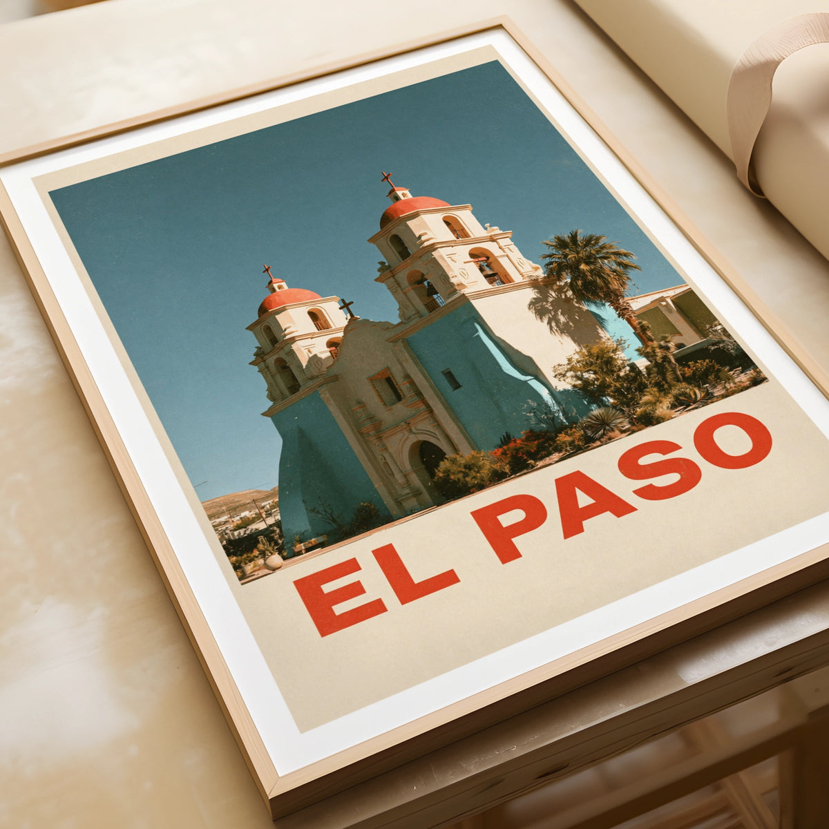 El Paso Retro Travel Poster, Texas Mission Church Print, Southwest USA Wall Art