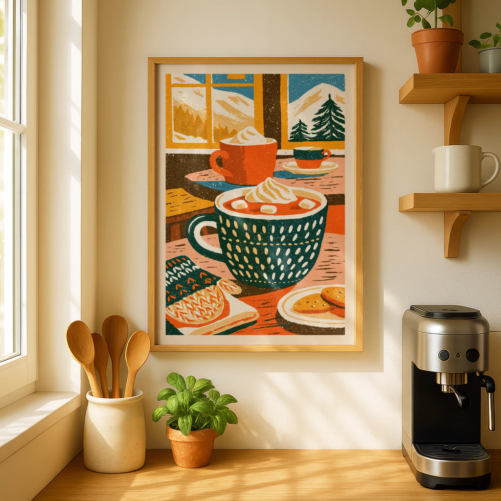 Vintage Food Poster Print, Hot Chocolate Mug, Rustic Kitchen Decor, Retro Mid Century Risograph Art