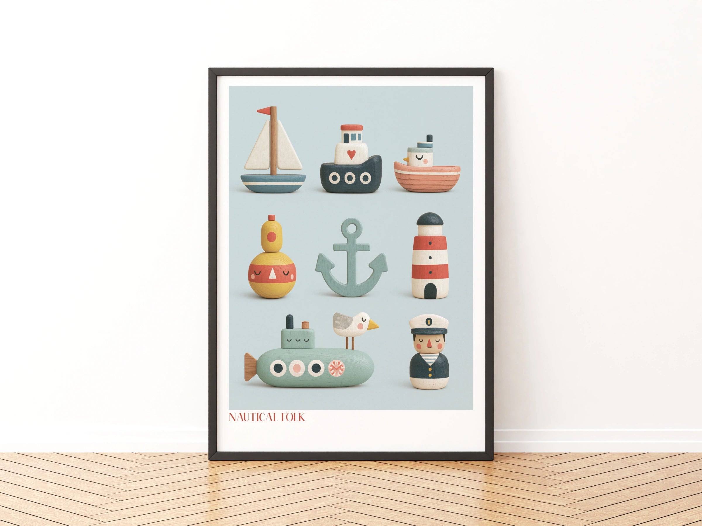 Nautical Folk Art Print, Retro Wooden Toy Poster, Children's Collectable, Kids Bedroom Sea Wall Art