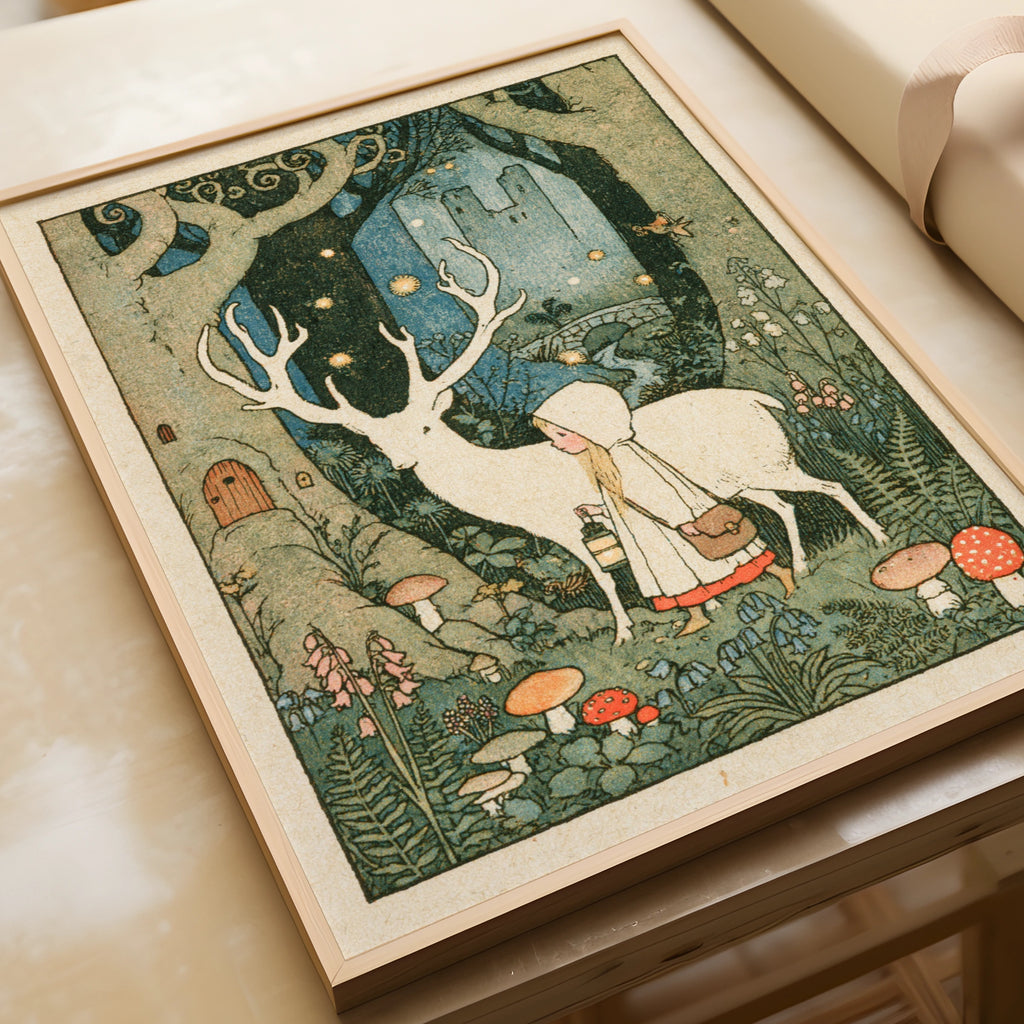 White Stag Fairy Tale Print, Victorian Children's Art, Magical Forest Girl Poster, Retro Collectable