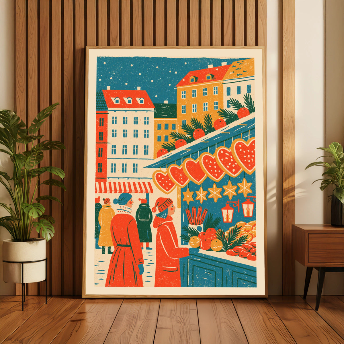 Vintage Food Poster Print, Christmas Market Stall, Rustic Kitchen Decor, Retro Mid Century Risograph