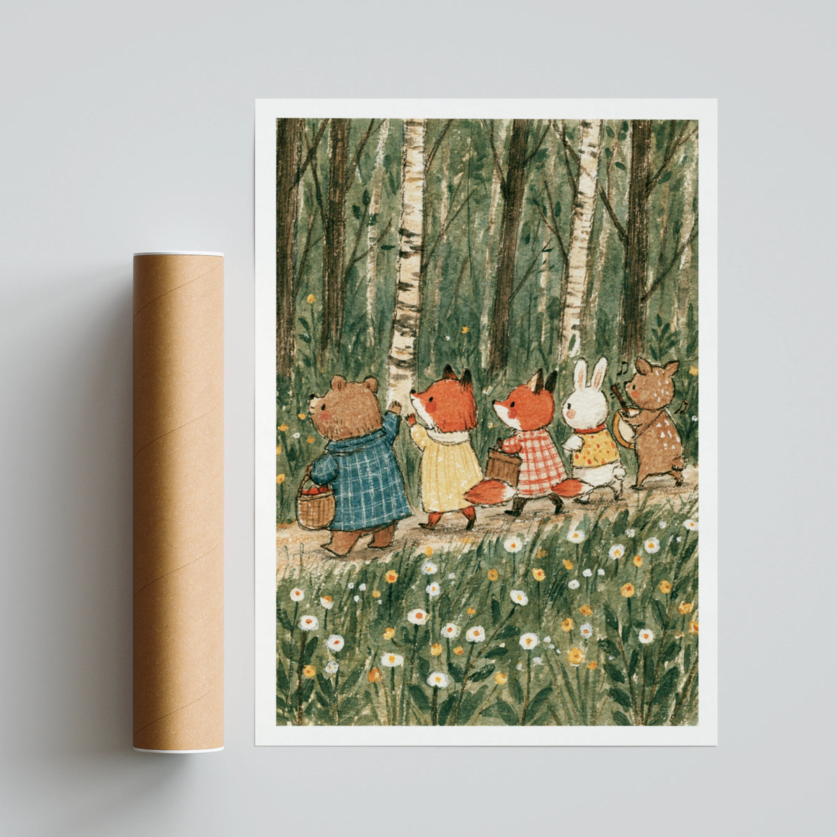 Woodland Animal Friends Forest Walk Print, Retro Unisex Children', Nursery Wall Art