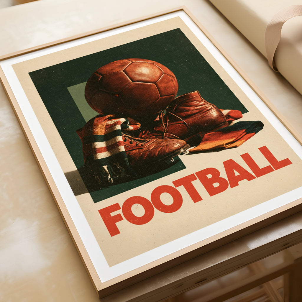 Retro Football Poster, Vintage Soccer Print, Old Leather Ball Wall Art, Sports Fan Gift