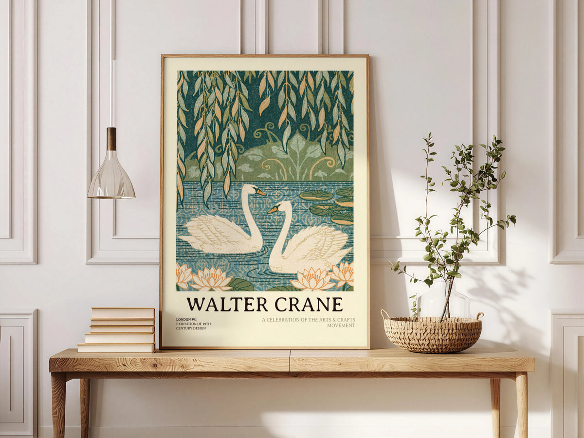 Walter Crane Swans Print, Arts and Crafts Wall Art, Willow Tree Lily Pond, Vintage Nature Poster