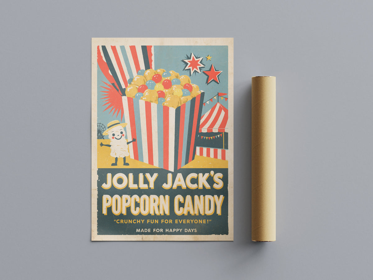 Contemporary Vintage Popcorn Candy Print, Retro Funfair Kitchen Wall Art, Circus Tent Food Poster