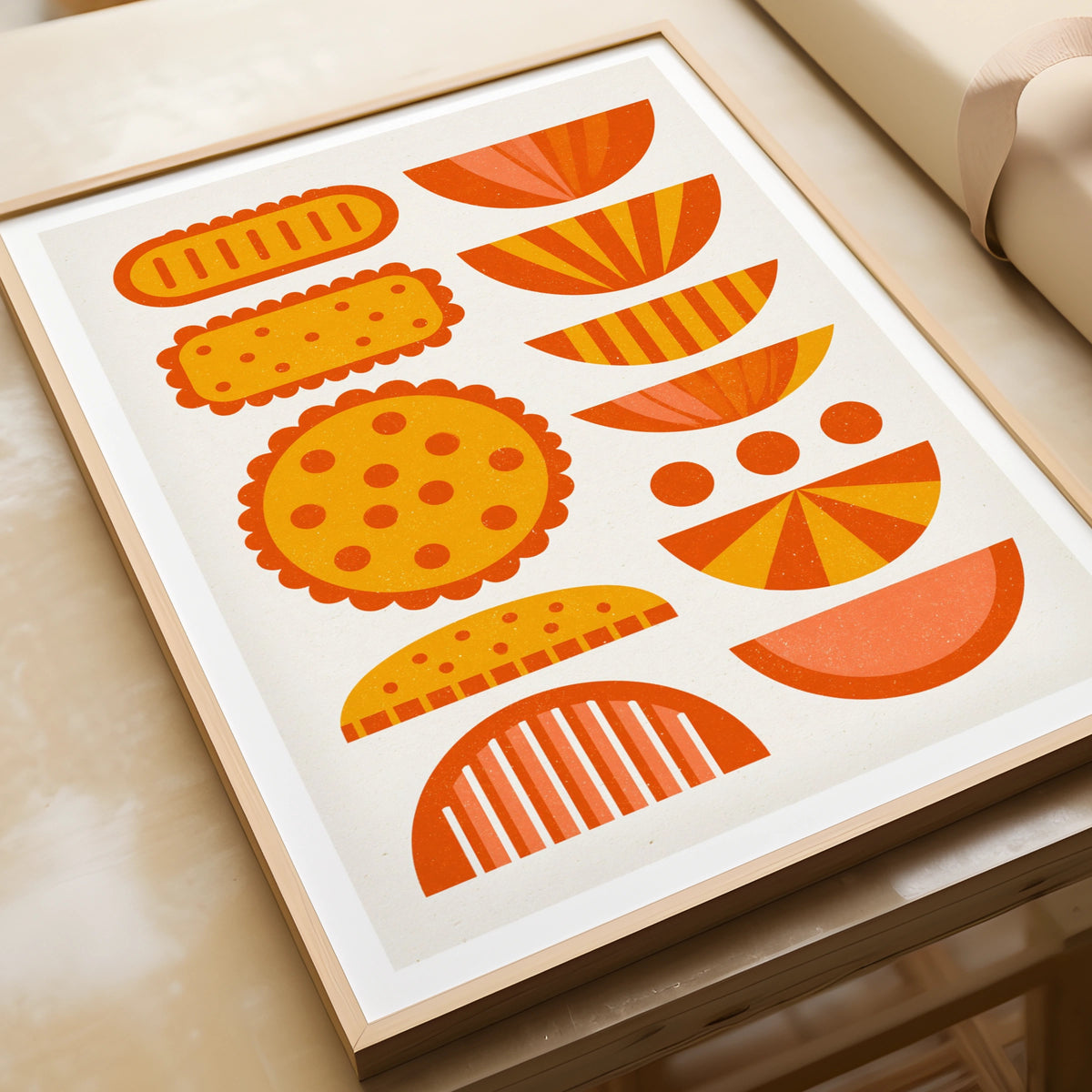 Retro Biscuit Print, Mid Century Kitchen Wall Art, Orange Food Poster, Fun Cookie Art