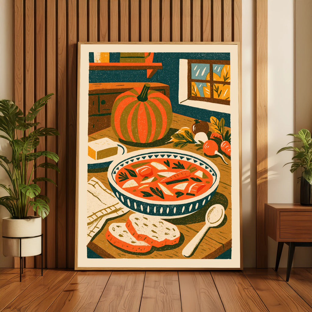 Vintage Food Poster Print, Rustic Kitchen Decor, Retro Mid Century Risograph Pumpkin Soup Art