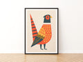Retro Pheasant Print, Mid Century Bird Poster, Geometric Animal Wall Art, Orange Folk Style Decor