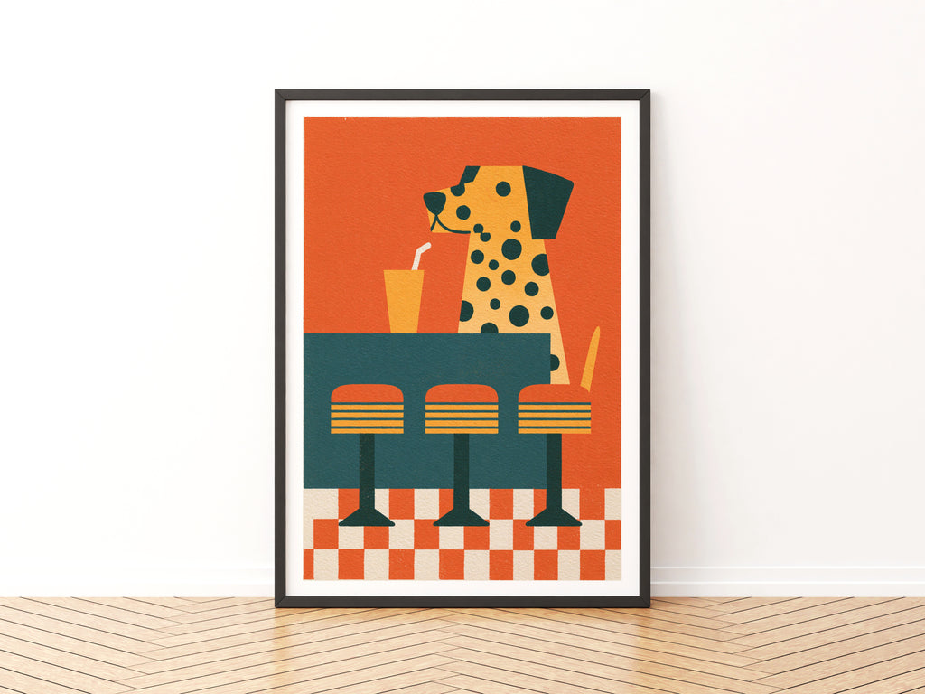 Vintage Dalmatian Diner Poster, Retro Dog Wall Art, Fun Animal Print, Bold Orange Decor