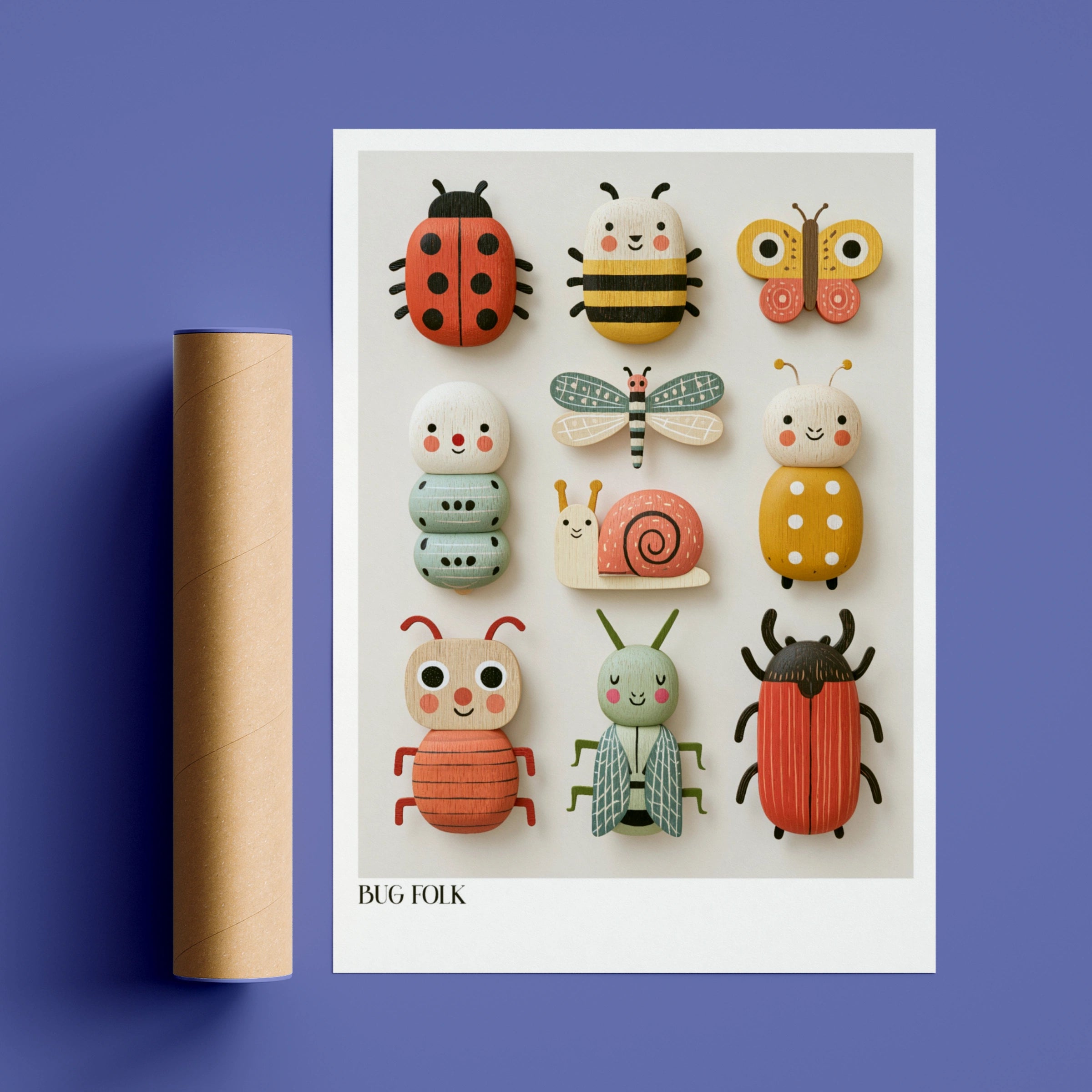 Bug Folk Kids Wall Art, Retro Wooden Toy Insect Print, Children's Collectable Poster