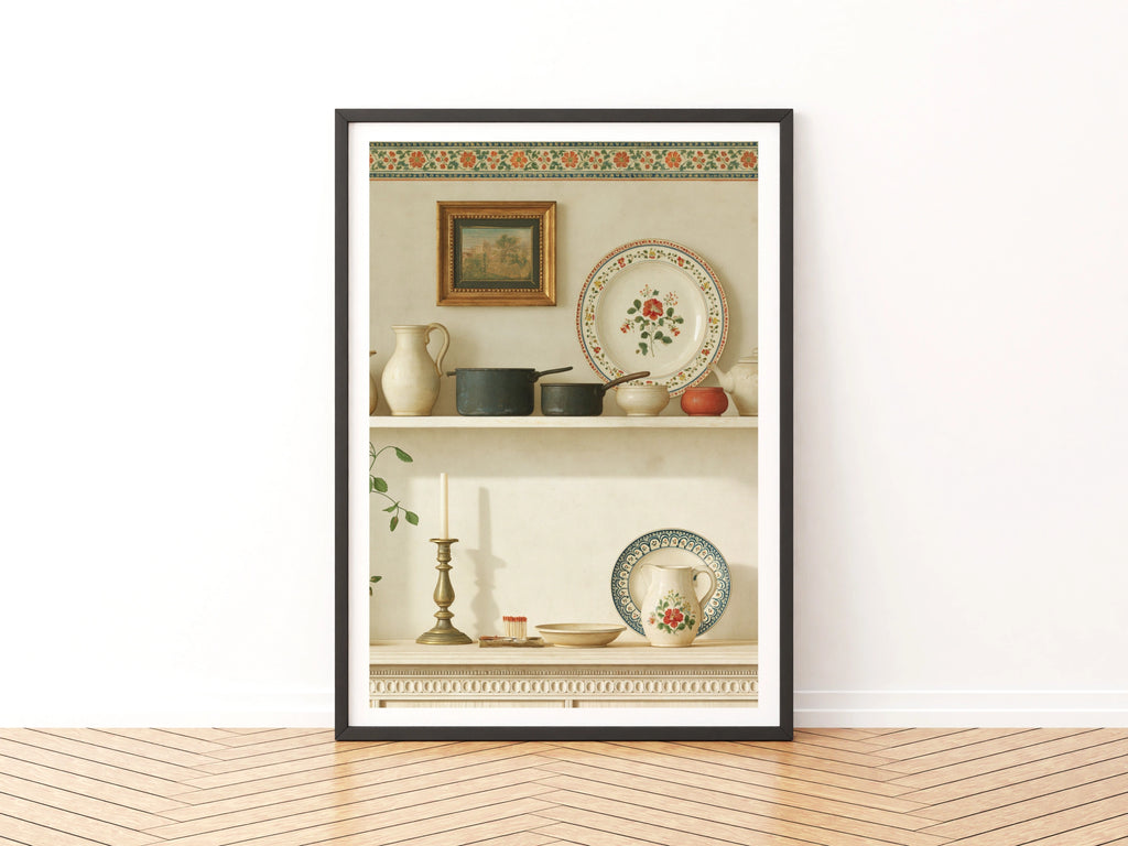 Vintage Kitchen Shelf Print, Classic Inspired Farmhouse Pottery Wall Art Poster