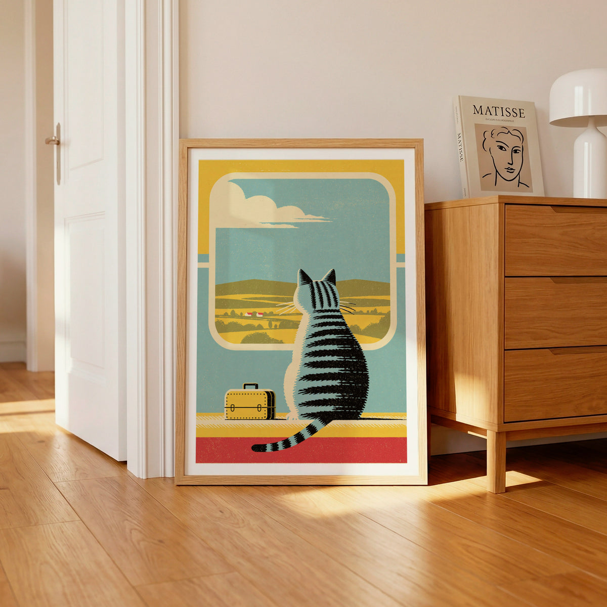 Retro Cat Train Travel Print, Tabby Cat Wall Art, Vintage Folk Style Animal Art, Cat Lover Gift