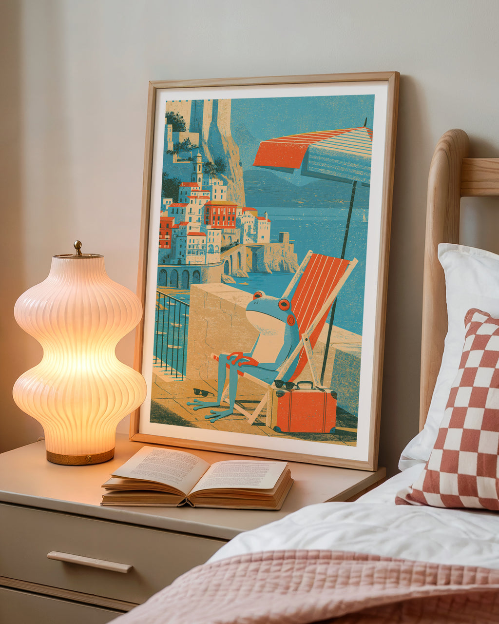 Contemporary Amalfi Coast Frog Print, Whimsical Italy Travel Art, Deckchair Seaside Wall Decor