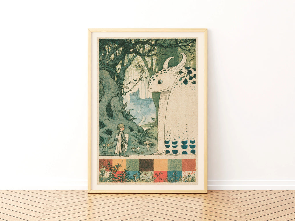 Retro Children's Dragon Knight Print, Vintage Folk Tale Wall Art, Kids Fantasy Poster George and the Dragon