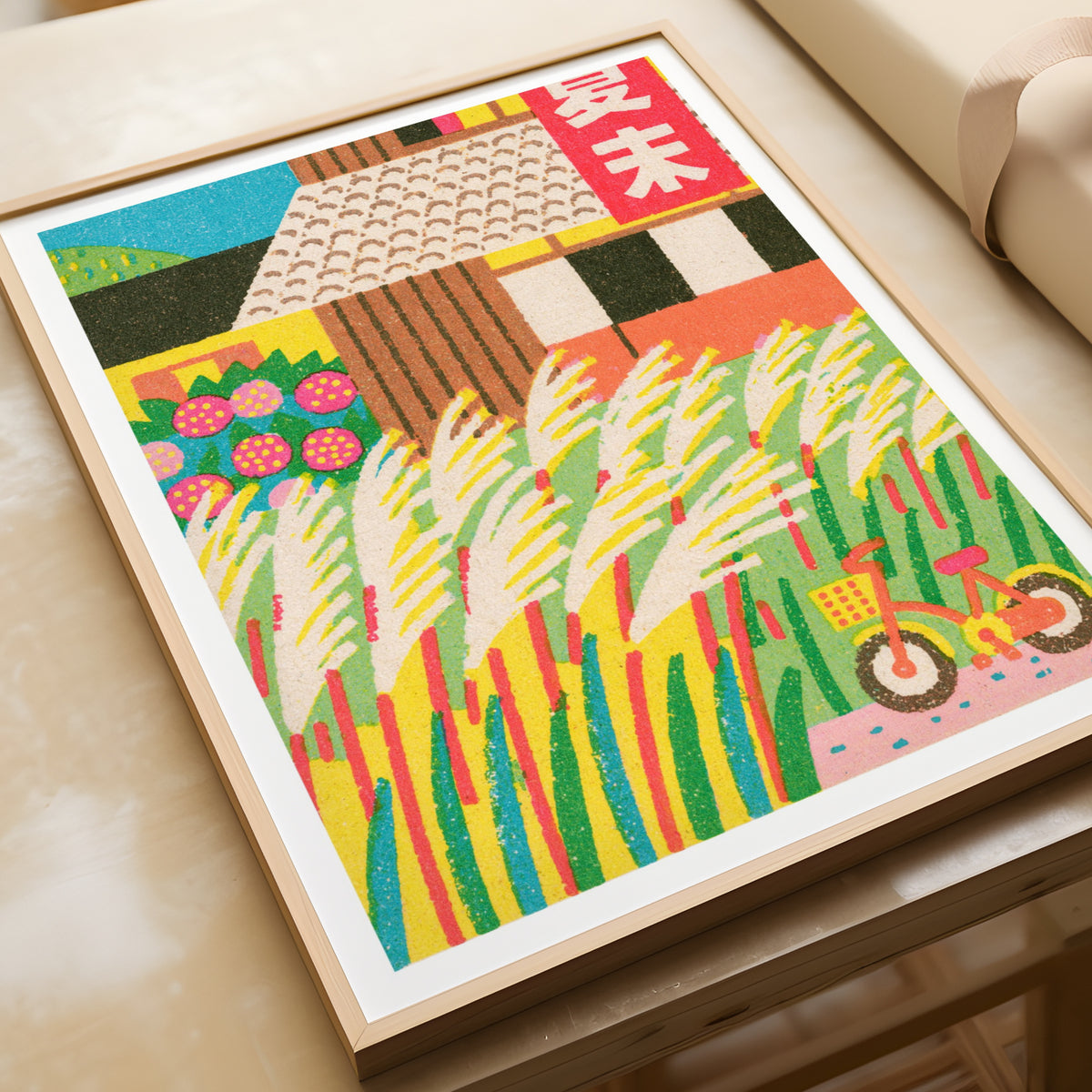Retro Japanese Matchbox Art Print, Pampas Grass Poster, Vintage Style Bicycle Illustration Wall Art