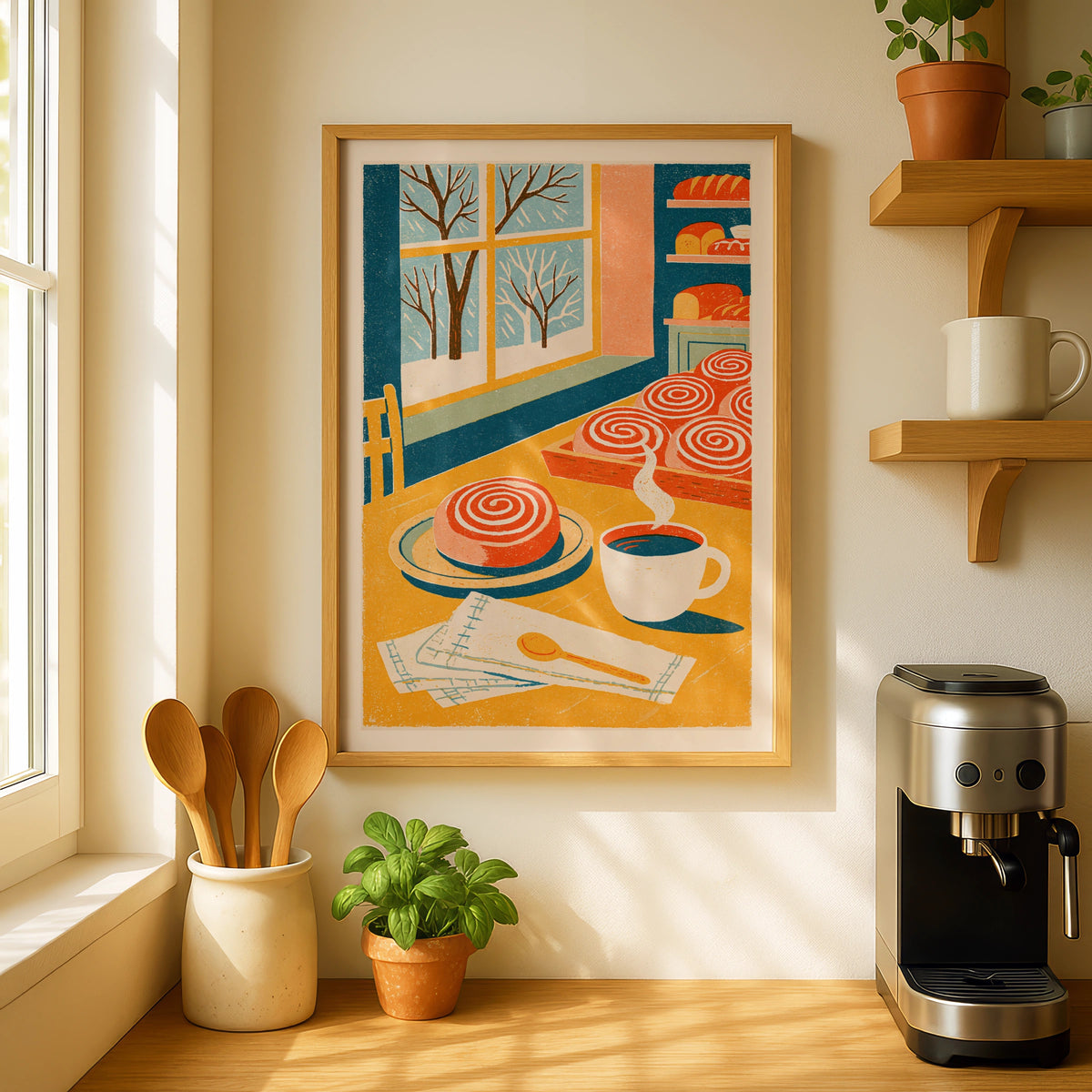 Vintage Food Poster Print, Cinnamon Roll Bakery, Rustic Kitchen Decor, Retro Mid Century Risograph