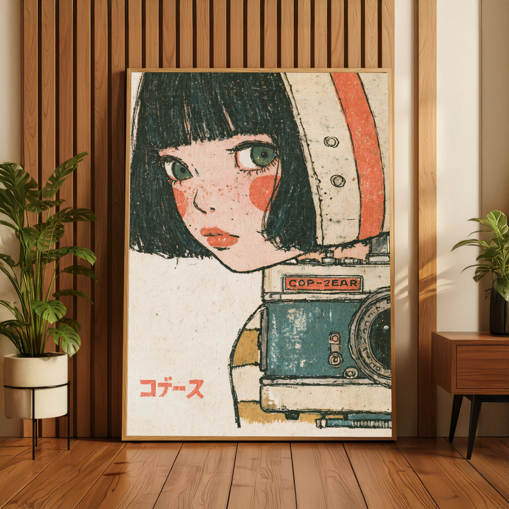 Retro Japanese Girl Camera Poster, 1960s Vintage Anime Style Art Print, Kawaii Wall Decor