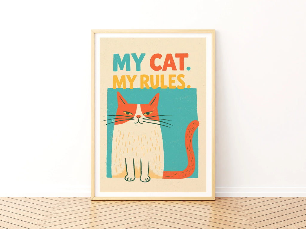 My Cat My Rules Retro Cat Print, Funny Cat Wall Art, Ginger Cat Folk Art Print