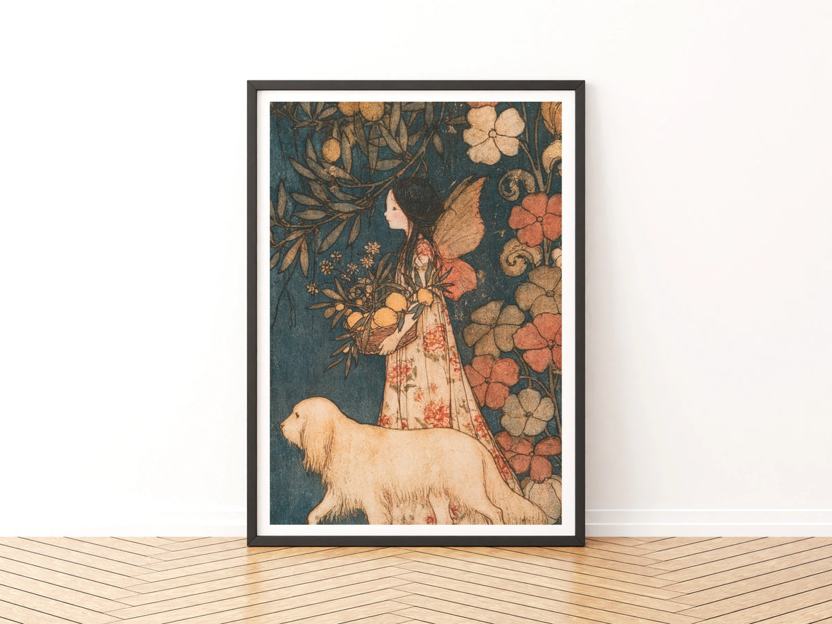 Fairy Girl Print, Classic Folk Art Print, Vintage Floral Garden Wall Art, 