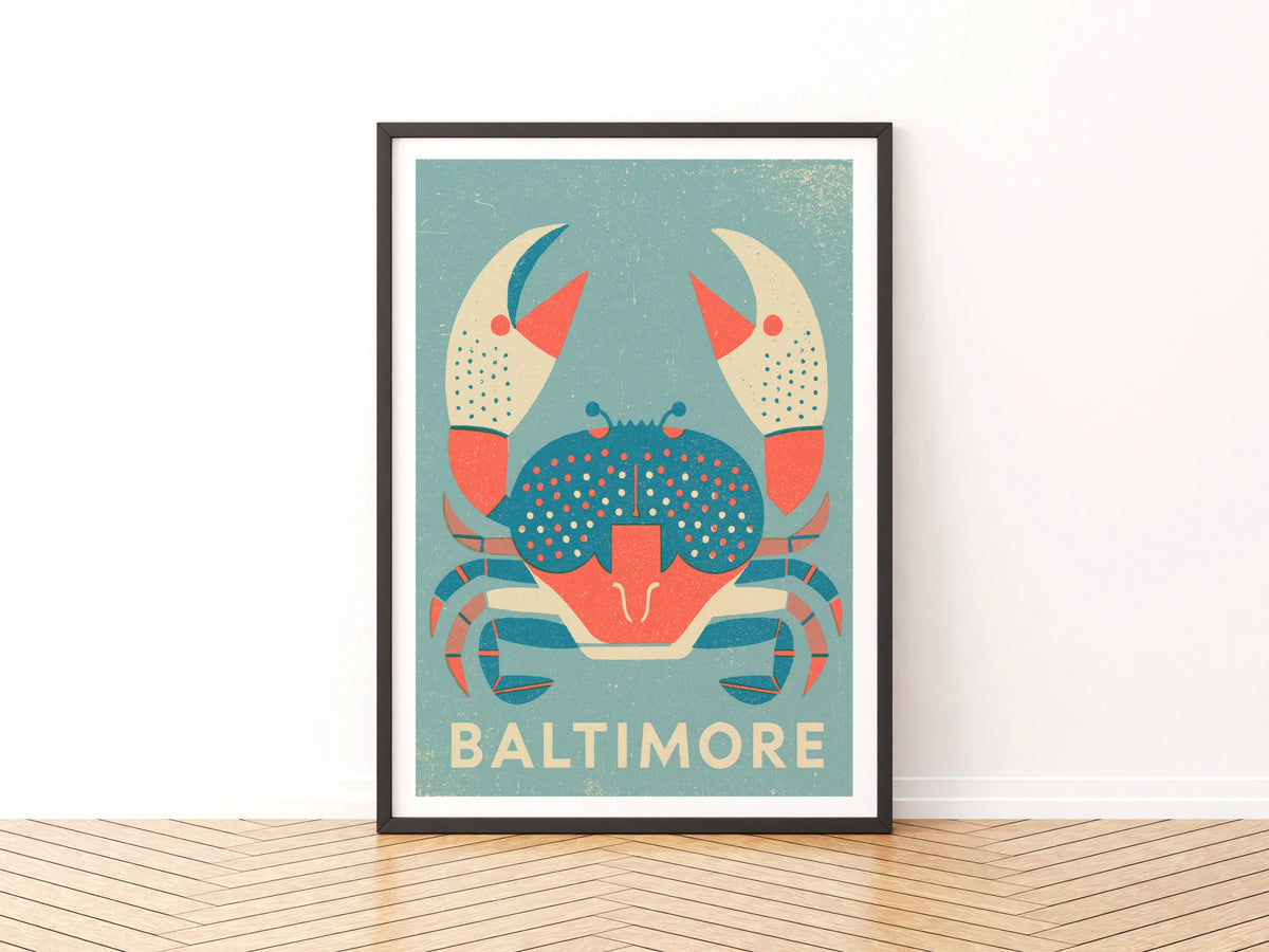 Baltimore Crab Retro Travel Poster, Maryland Wall Art, Vintage Blue Crab Print
