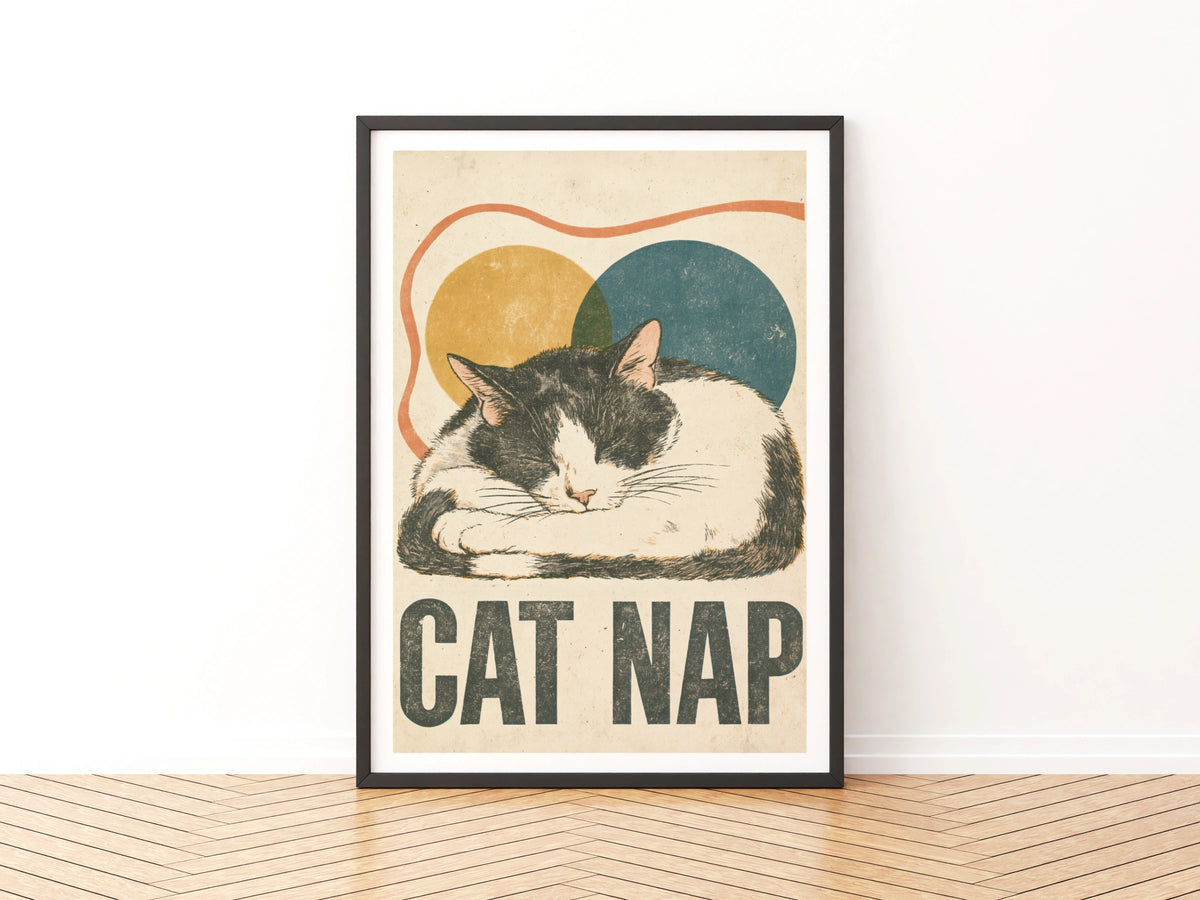 Cat Nap Retro Print, Sleeping Cat Wall Art, Vintage Folk Style Tuxedo Cat, Gift for Cat Lovers