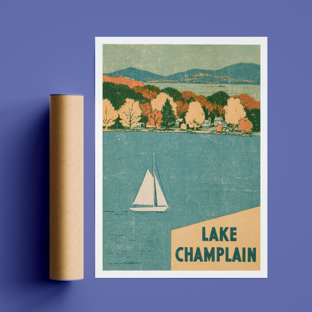 Lake Champlain Retro Travel Poster, Vintage Travel Print, Sailboat Autumn Lake Wall Art Vermont