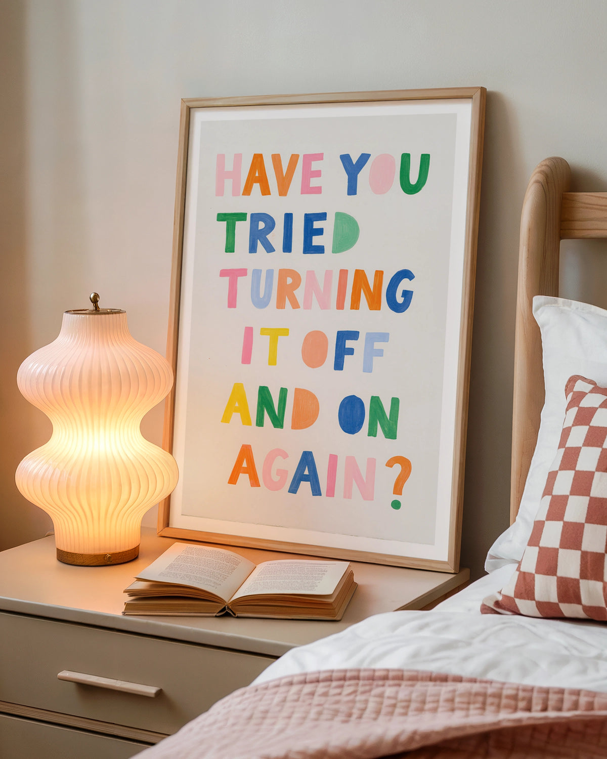Turn It Off And On Again Funny Tech Quote Print, Colourful Typography Poster