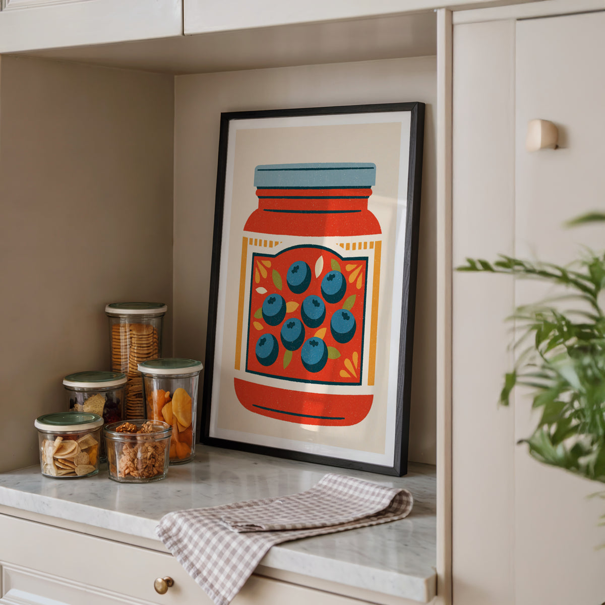 Vintage Food Poster Print | Rustic Kitchen Decor, Blueberry Jam Jar Art, Retro Fruit Illustration